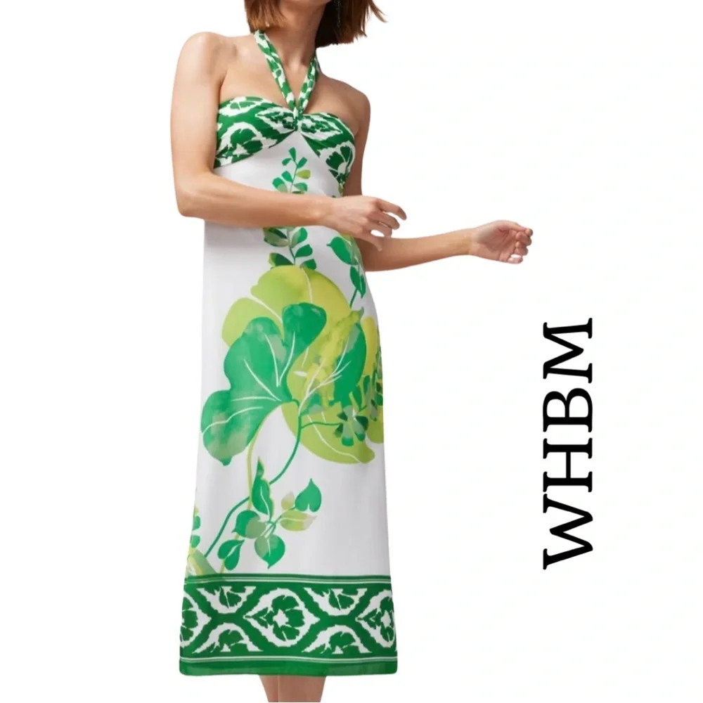 New WHBM Tie-Neck Halter Midi Dress LUSH GARDEN VINE ECRU Sz 4 NWT